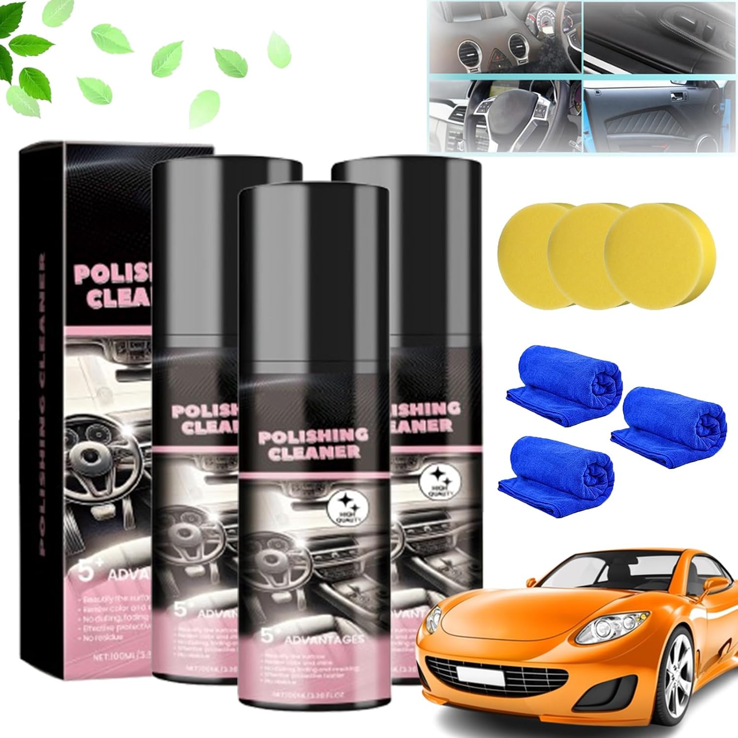 Nicetopu Polishing Cleaner, 100ml Car Detailing Kit Interior Cleaner, Polishing Cleaner Car Interior Spray, All Purpose Foam Cleaner Upholstery Polish for Vehicles (3pcs)
